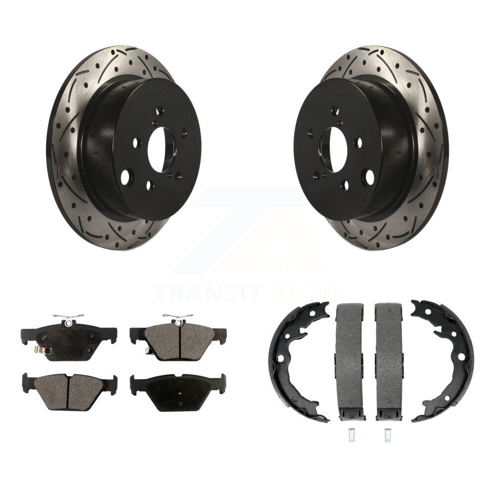 Rear Disc Drilled & Slotted Rotors Semi-Metallic Pads And Parking Brake Shoes Kit For KDF-101484