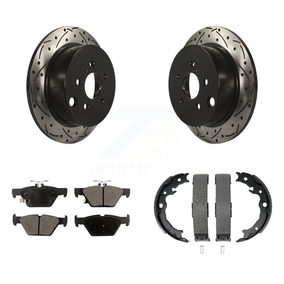 Rear Disc Drilled & Slotted Rotors Semi-Metallic Pads And Parking Brake Shoes Kit For KDF-101484