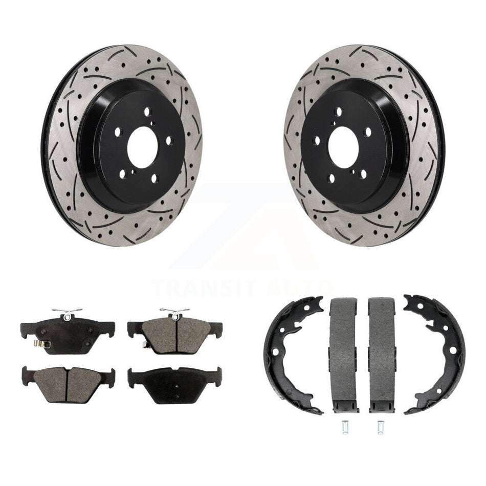 Rear Disc Drilled & Slotted Rotors Semi-Metallic Pads And Parking Brake Shoes Kit For KDF-101486