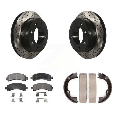 Rear Disc Drilled & Slotted Rotors Semi-Metallic Pads Parking Shoes Kit For Chevrolet GMC KDF-101489