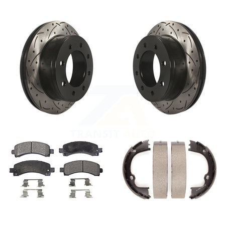 Rear Disc Drilled & Slotted Rotors Semi-Metallic Pads Parking Shoes Kit For Chevrolet GMC KDF-101490