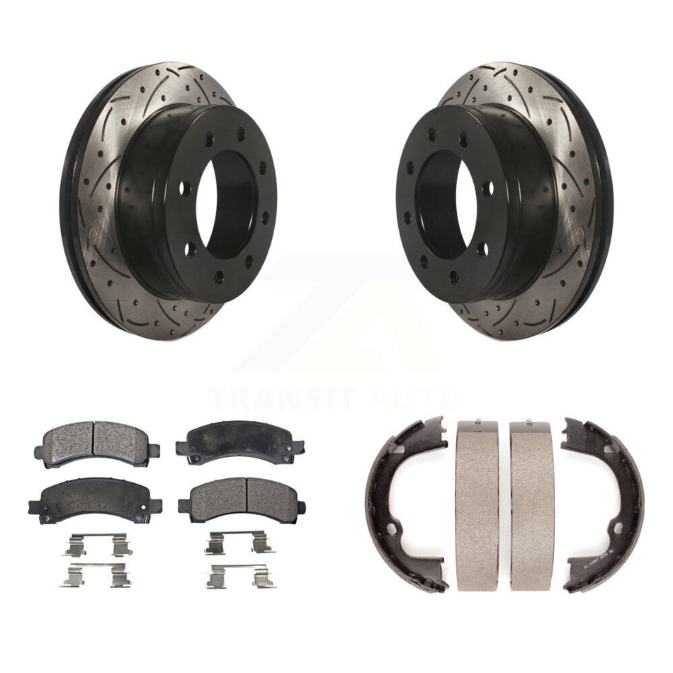 Rear Disc Drilled & Slotted Rotors Semi-Metallic Pads Parking Shoes Kit For Chevrolet GMC KDF-101490