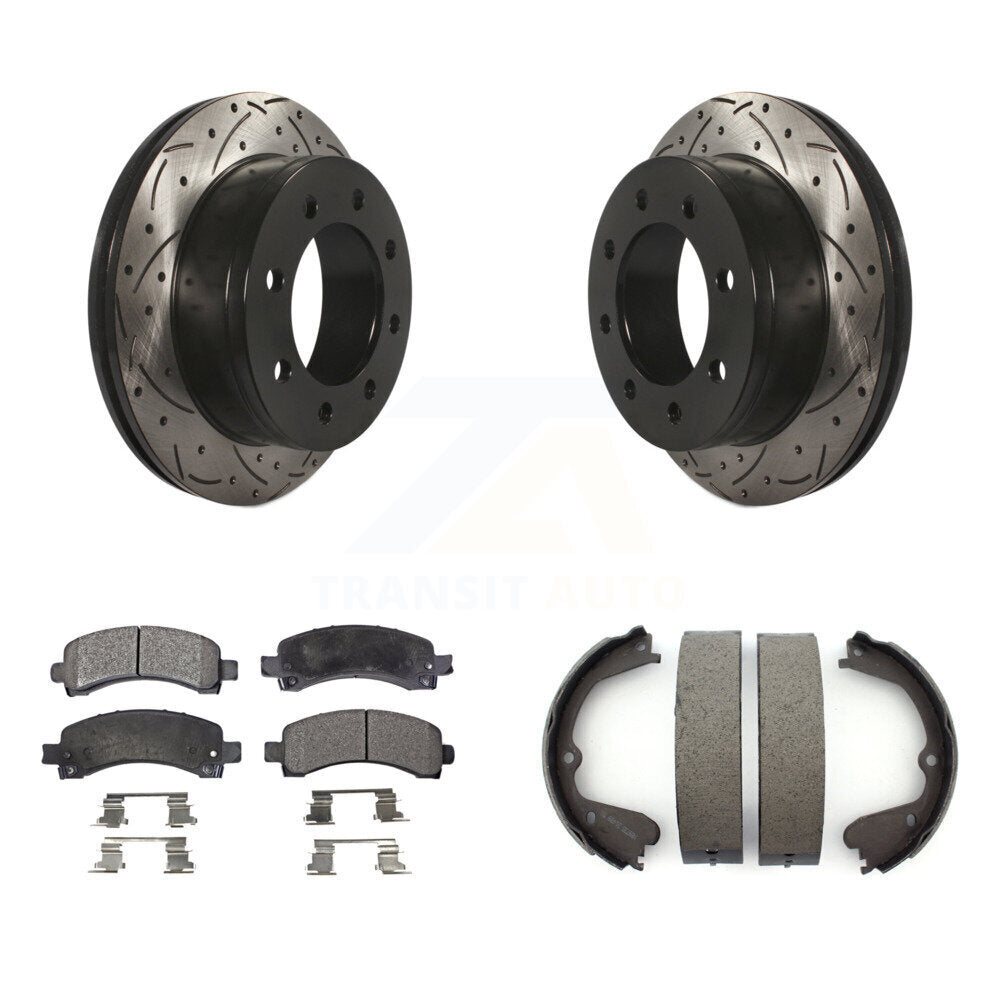 Rear Disc Drilled & Slotted Rotors Semi-Metallic Pads And Parking Brake Shoes Kit For KDF-101493