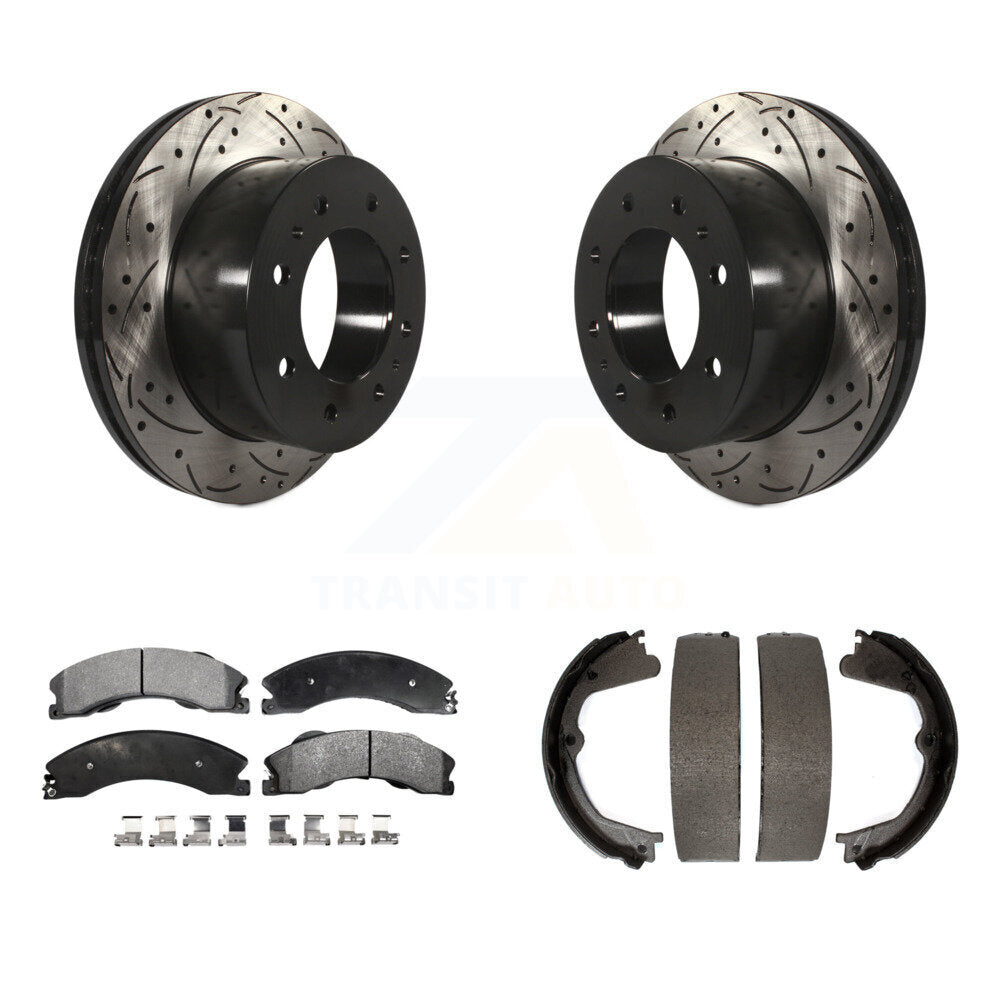 Rear Disc Drilled & Slotted Rotors Semi-Metallic Pads Parking Shoes Kit For Chevrolet HD KDF-101496