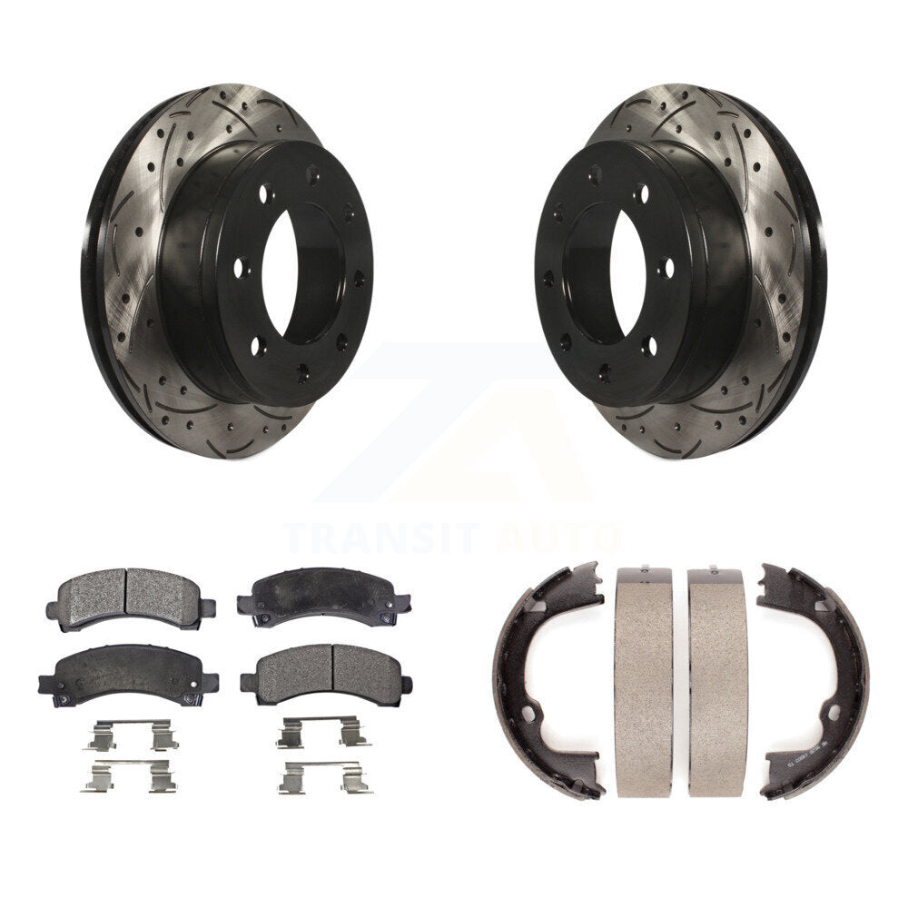 Rear Disc Drilled & Slotted Rotors Semi-Metallic Pads Parking Shoes Kit For Chevrolet GMC KDF-101497
