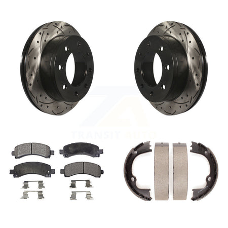 Rear Disc Drilled & Slotted Rotors Semi-Metallic Pads Parking Shoes Kit For Chevrolet GMC KDF-101497