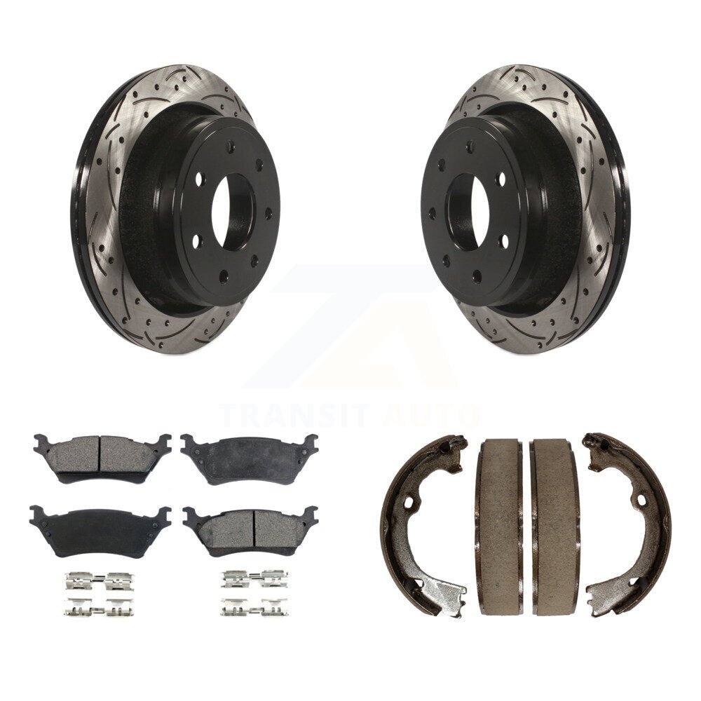 Rear Disc Drilled & Slotted Rotors Semi-Metallic Pads Parking Shoes Kit For Ford F-150 KDF-101498