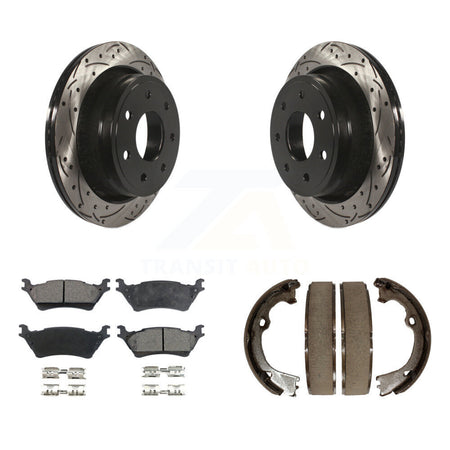 Rear Disc Drilled & Slotted Rotors Semi-Metallic Pads Parking Shoes Kit For Ford F-150 KDF-101498