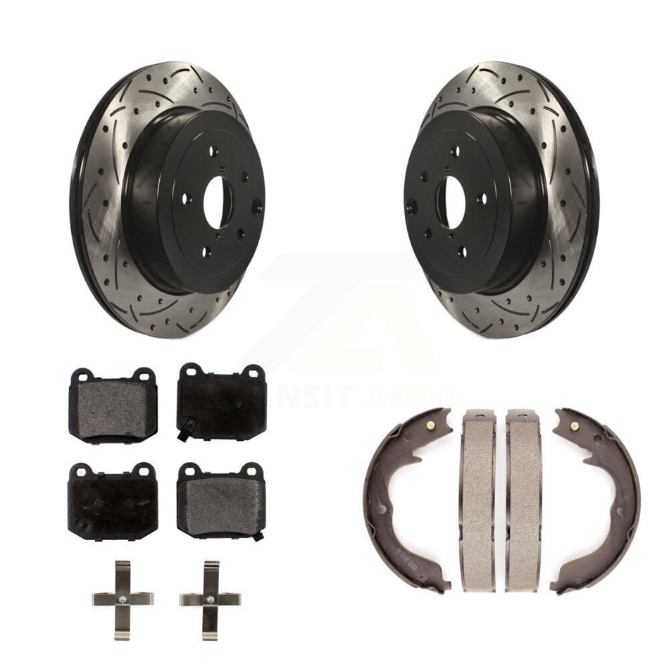 Rear Disc Drilled & Slotted Rotors Semi-Metallic Pads And Parking Brake Shoes Kit For KDF-101499