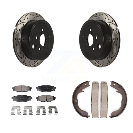 Rear Disc Drilled & Slotted Rotors Semi-Metallic Pads Parking Shoes Kit For Subaru Legacy KDF-101500