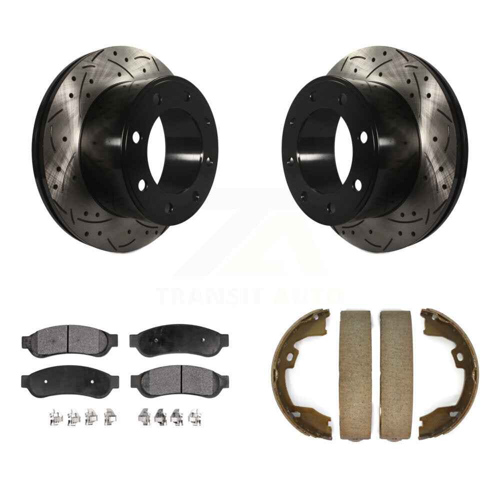 Rear Disc Drilled & Slotted Rotors Semi-Metallic Pads Parking Shoes Kit For Ford F-350 KDF-101502