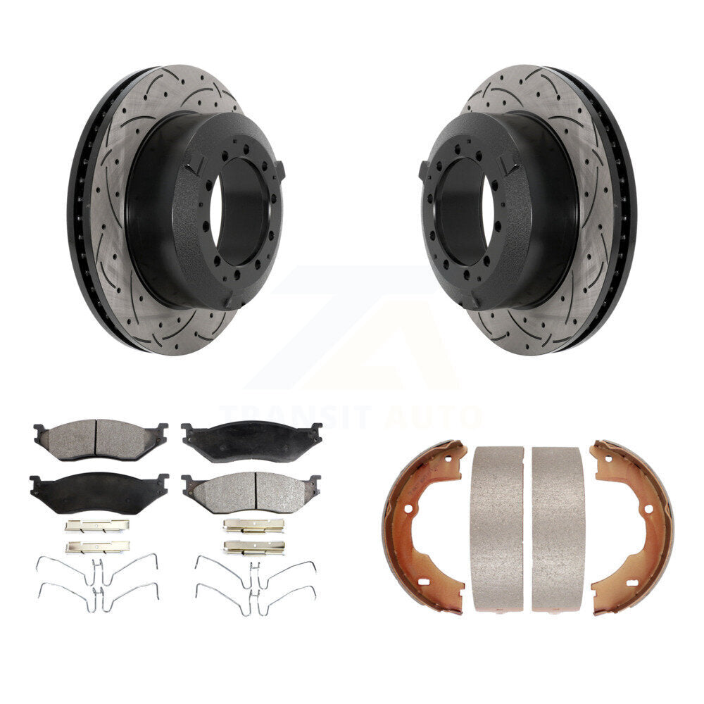 Rear Disc Drilled & Slotted Rotors Semi-Metallic Pads Parking Shoes Kit For Ford F-450 KDF-101503