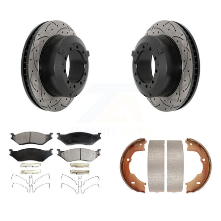Rear Disc Drilled & Slotted Rotors Semi-Metallic Pads Parking Shoes Kit For Ford F-450 KDF-101503
