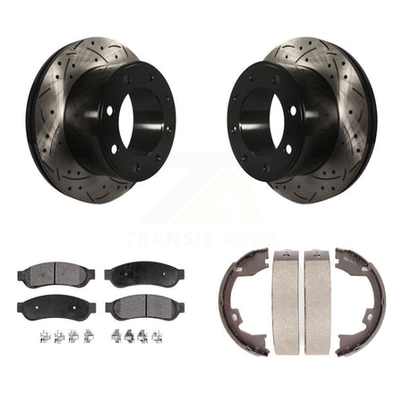 Rear Disc Drilled & Slotted Rotors Semi-Metallic Pads Parking Shoes Kit For Ford F-250 KDF-101504