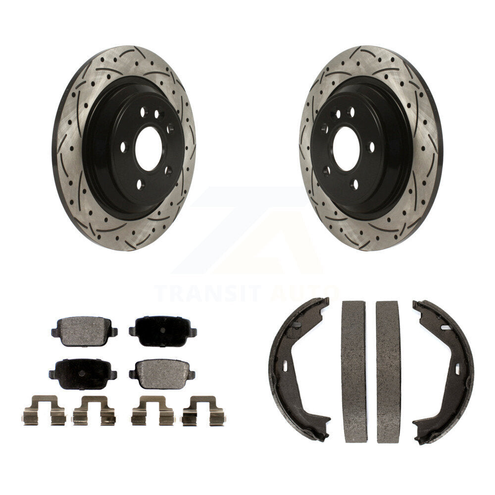 Rear Disc Drilled & Slotted Rotors Semi-Metallic Pads Parking Shoes Kit For Volvo S80 FWD KDF-101509