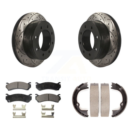 Rear Disc Drilled & Slotted Rotors Semi-Metallic Pads Parking Shoes Kit For GMC Chevrolet KDF-101513