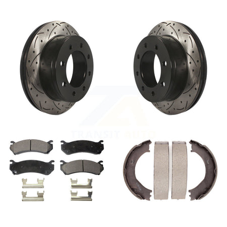 Rear Disc Drilled & Slotted Rotors Semi-Metallic Pads Parking Shoes Kit For Chevrolet GMC KDF-101514