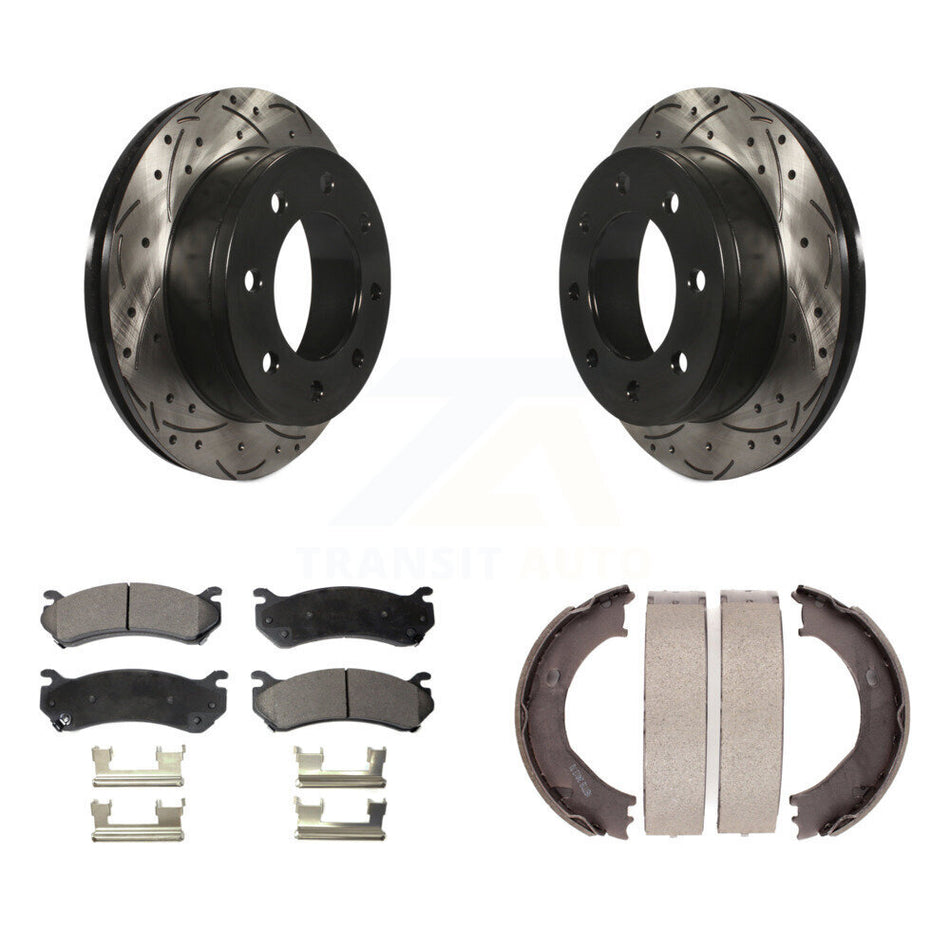 Rear Disc Drilled & Slotted Rotors Semi-Metallic Pads Parking Shoes Kit For Chevrolet HD KDF-101515