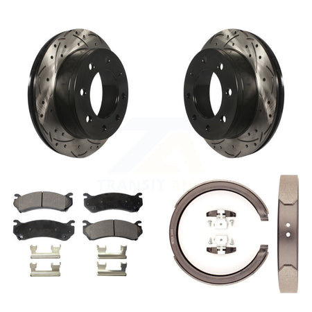 Rear Disc Drilled & Slotted Rotors Semi-Metallic Pads Parking Shoes Kit For GMC Chevrolet KDF-101516