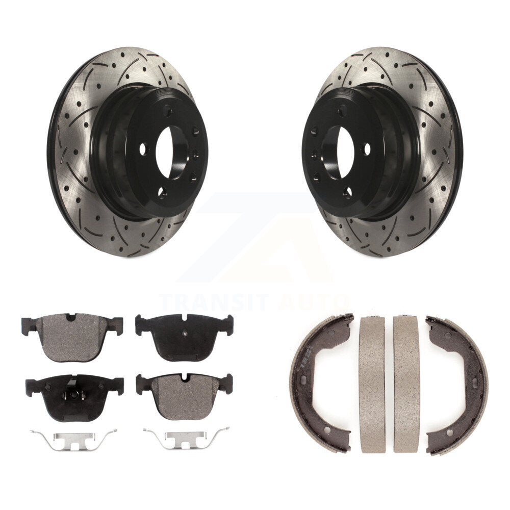 Rear Disc Drilled & Slotted Rotors Semi-Metallic Pads Parking Brake Shoes Kit For BMW X6 KDF-101518