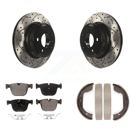 Rear Disc Drilled & Slotted Rotors Semi-Metallic Pads Parking Brake Shoes Kit For BMW X6 KDF-101518