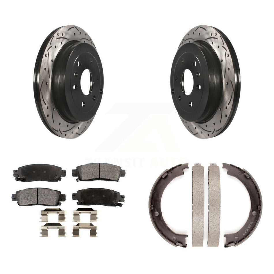 Rear Disc Drilled & Slotted Rotors Semi-Metallic Pads Parking Shoes Kit For GMC Acadia KDF-101519