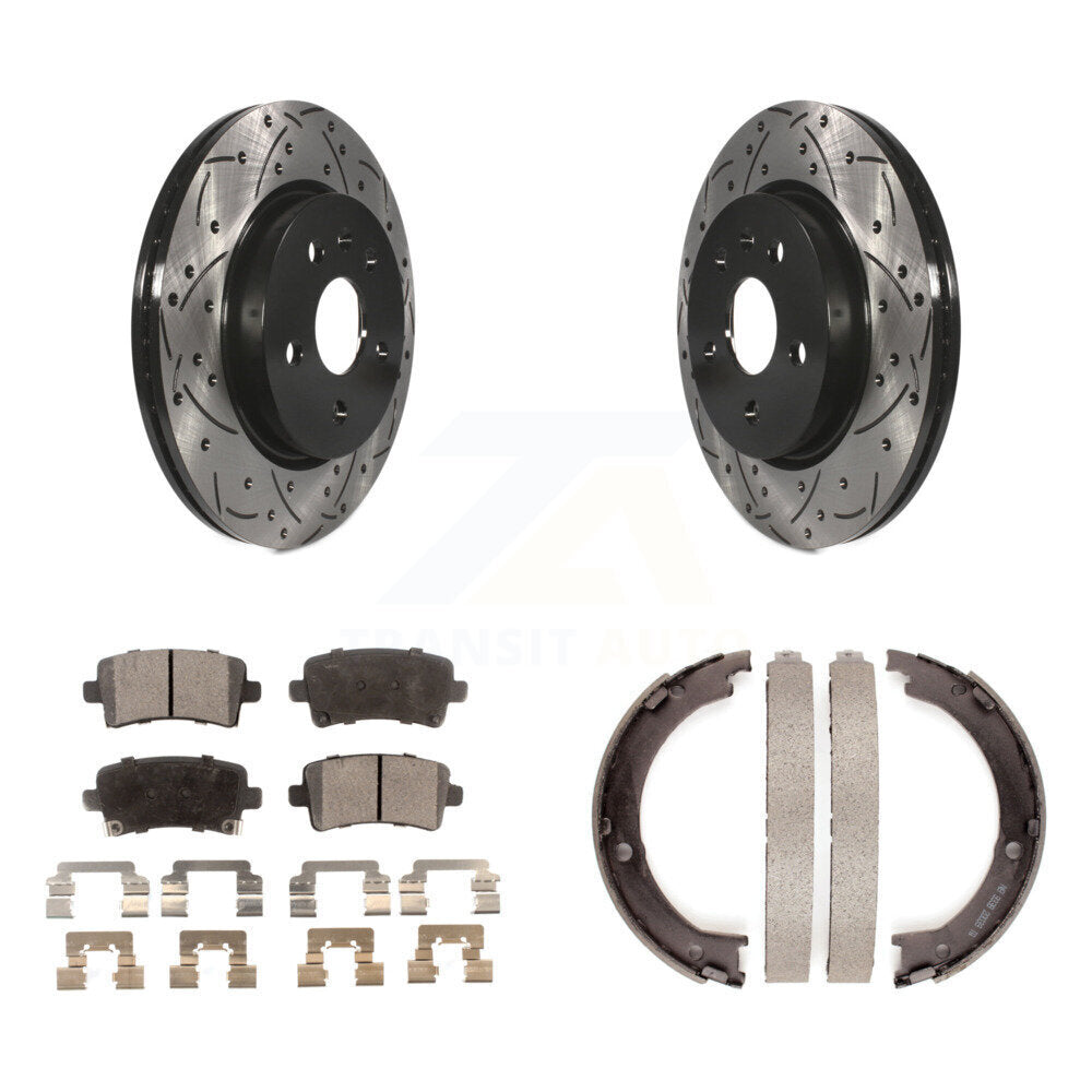 Rear Disc Drilled & Slotted Rotors Semi-Metallic Pads Parking Shoes Kit For Cadillac XTS KDF-101520