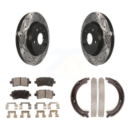 Rear Disc Drilled & Slotted Rotors Semi-Metallic Pads Parking Shoes Kit For Cadillac XTS KDF-101520