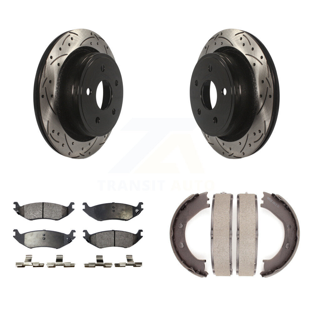 Rear Disc Drilled & Slotted Rotors Semi-Metallic Pads And Parking Brake Shoes Kit For KDF-101521