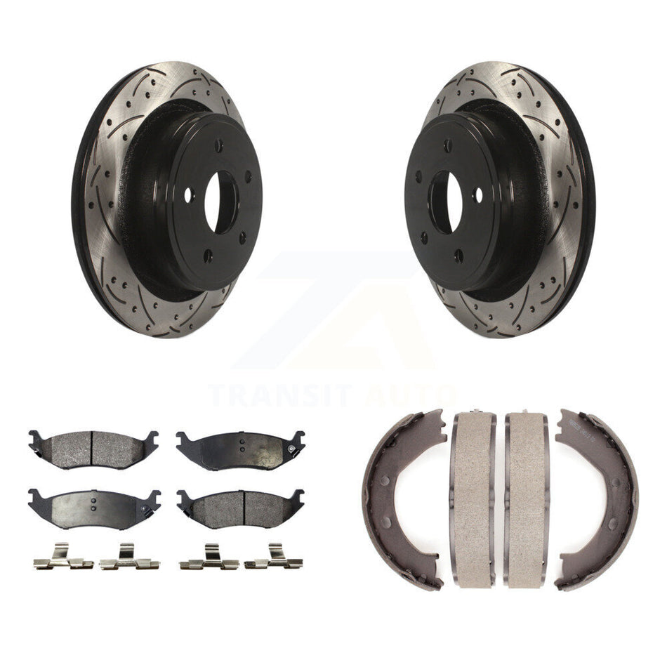 Rear Disc Drilled & Slotted Rotors Semi-Metallic Pads And Parking Brake Shoes Kit For KDF-101521