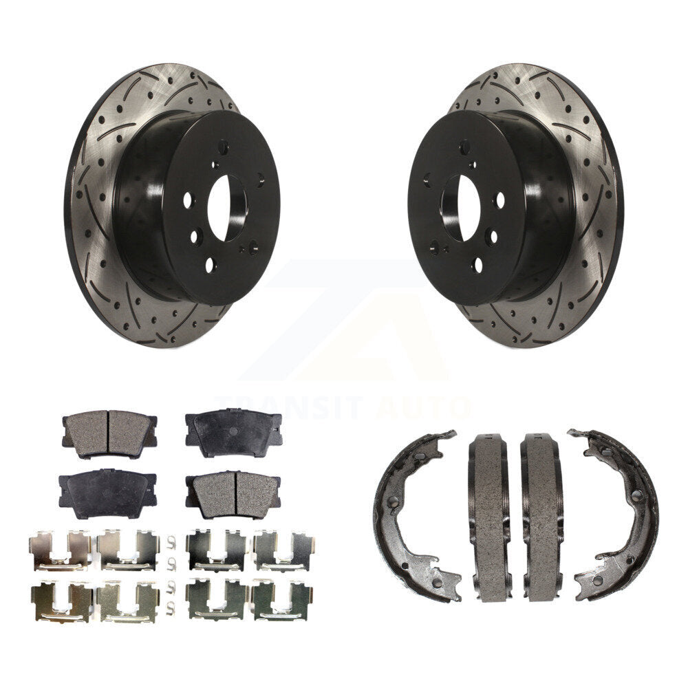 Rear Disc Drilled & Slotted Rotors Semi-Metallic Pads Parking Shoes Kit For Toyota Camry KDF-101527