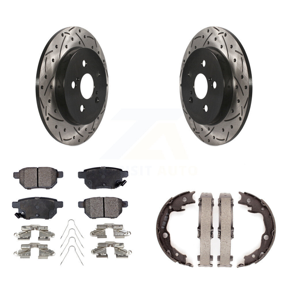 Rear Disc Drilled & Slotted Rotors Semi-Metallic Pads Parking Shoes Kit For Toyota Matrix KDF-101529