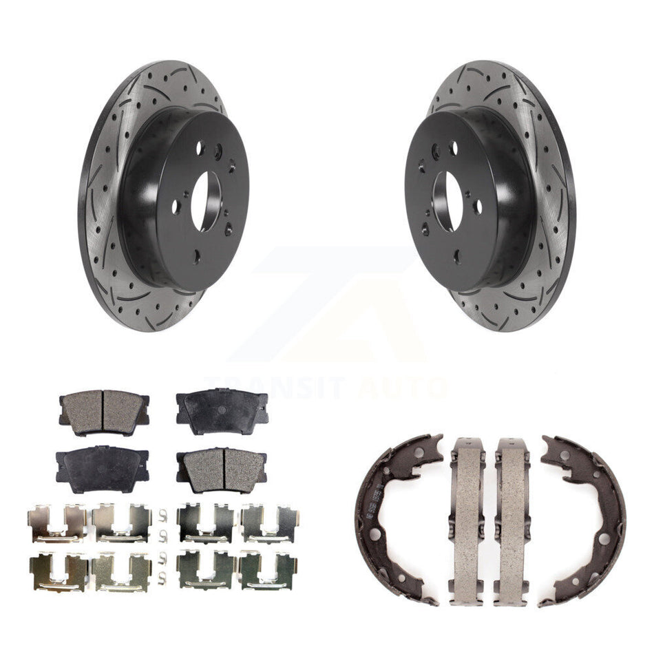 Rear Disc Drilled & Slotted Rotors Semi-Metallic Pads Parking Shoes Kit For Toyota Camry KDF-101530