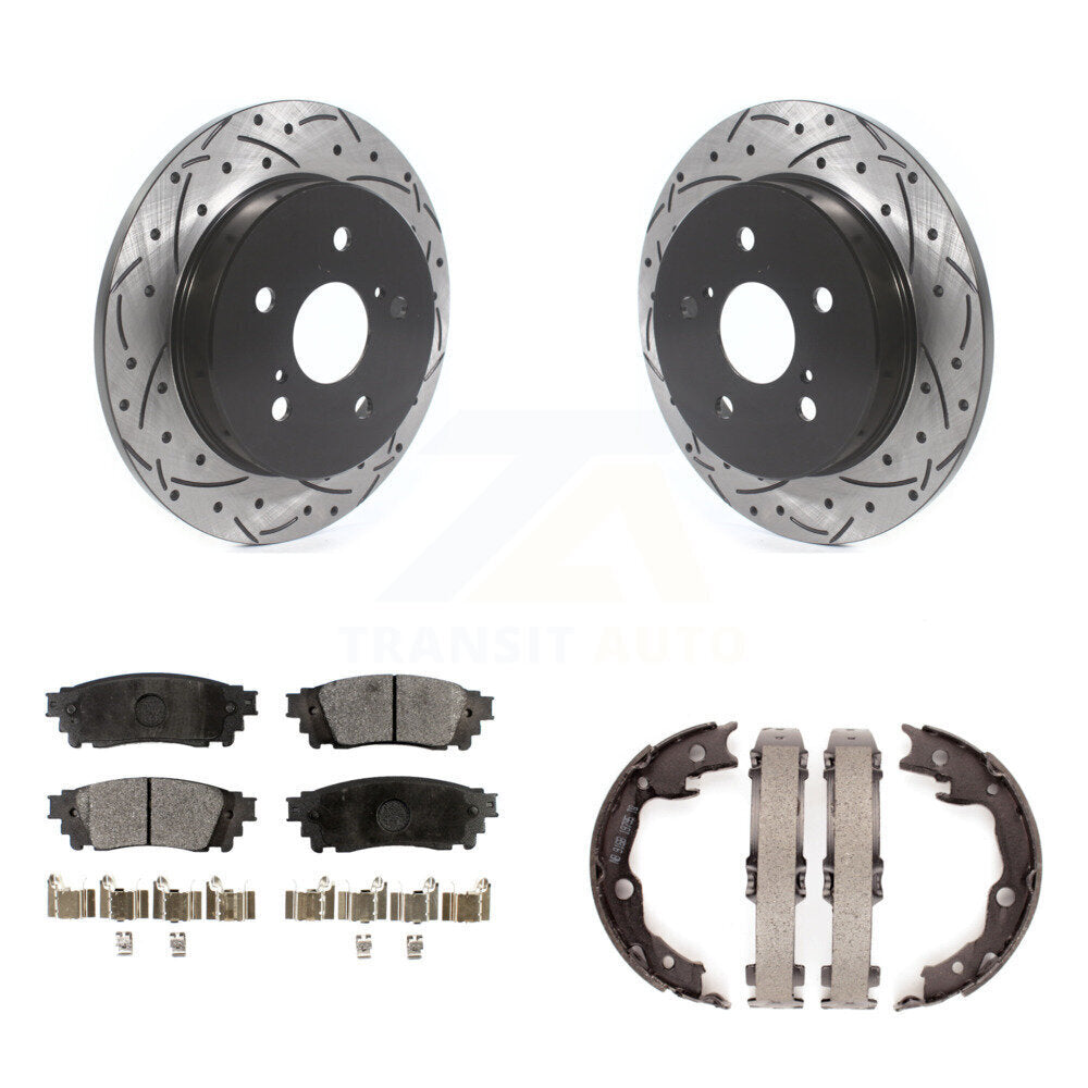 Rear Disc Drilled & Slotted Rotors Semi-Metallic Pads Parking Shoes Kit For Toyota Camry KDF-101531