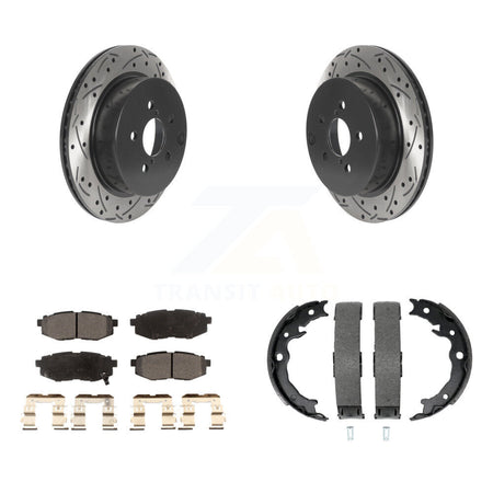 Rear Disc Drilled & Slotted Rotors Semi-Metallic Pads And Parking Brake Shoes Kit For KDF-101533