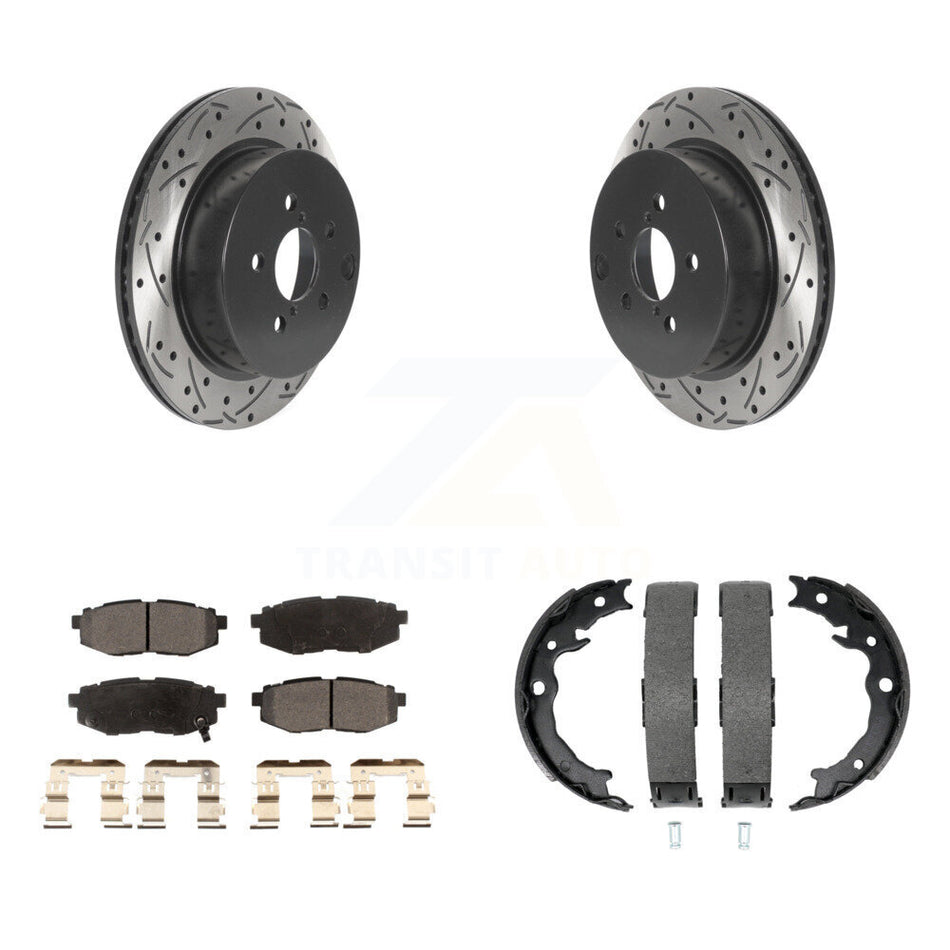Rear Disc Drilled & Slotted Rotors Semi-Metallic Pads And Parking Brake Shoes Kit For KDF-101533
