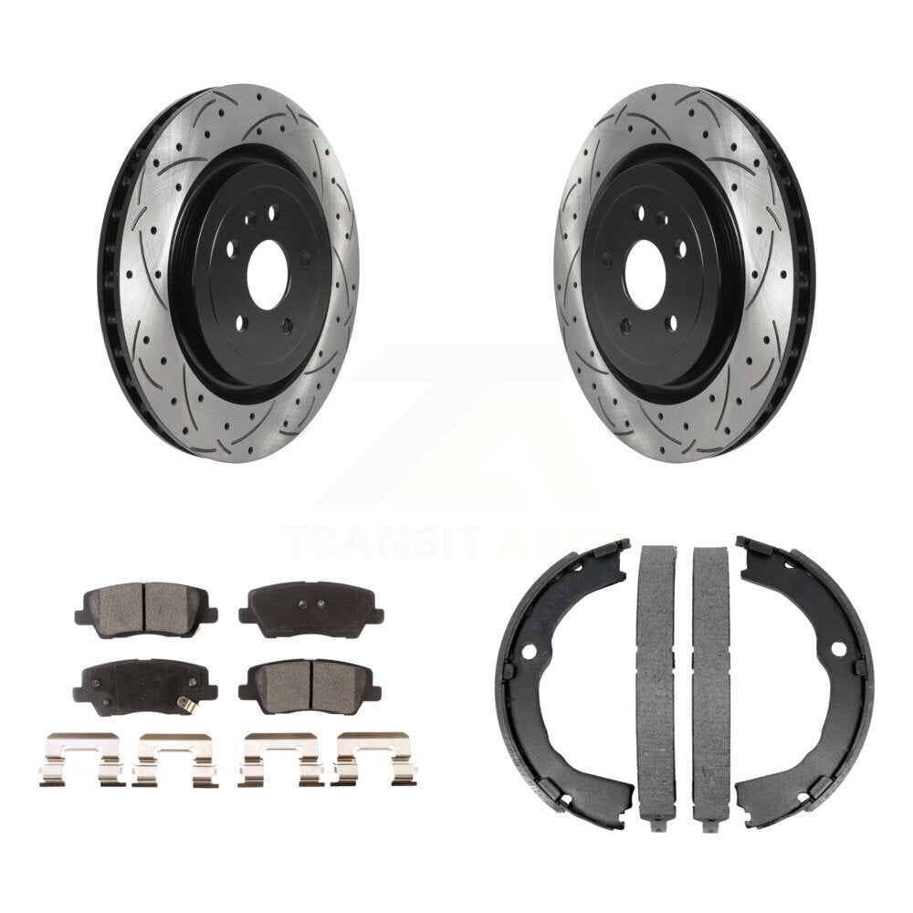 Rear Disc Drilled & Slotted Rotors Semi-Metallic Pads Parking Shoes Kit For Cadillac CTS KDF-101534