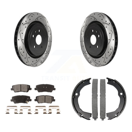 Rear Disc Drilled & Slotted Rotors Semi-Metallic Pads Parking Shoes Kit For Cadillac CTS KDF-101534