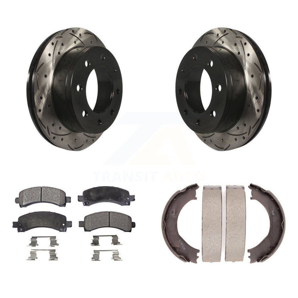 Rear Disc Drilled & Slotted Rotors Semi-Metallic Pads Parking Shoes Kit For Chevrolet GMC KDF-101535