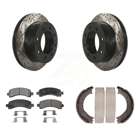 Rear Disc Drilled & Slotted Rotors Semi-Metallic Pads Parking Shoes Kit For Chevrolet GMC KDF-101536