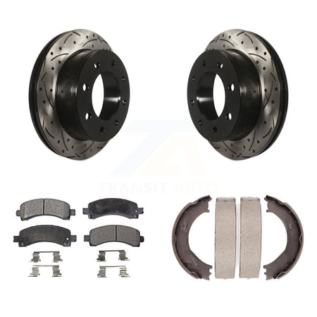 Rear Disc Drilled & Slotted Rotors Semi-Metallic Pads Parking Shoes Kit For Chevrolet GMC KDF-101537