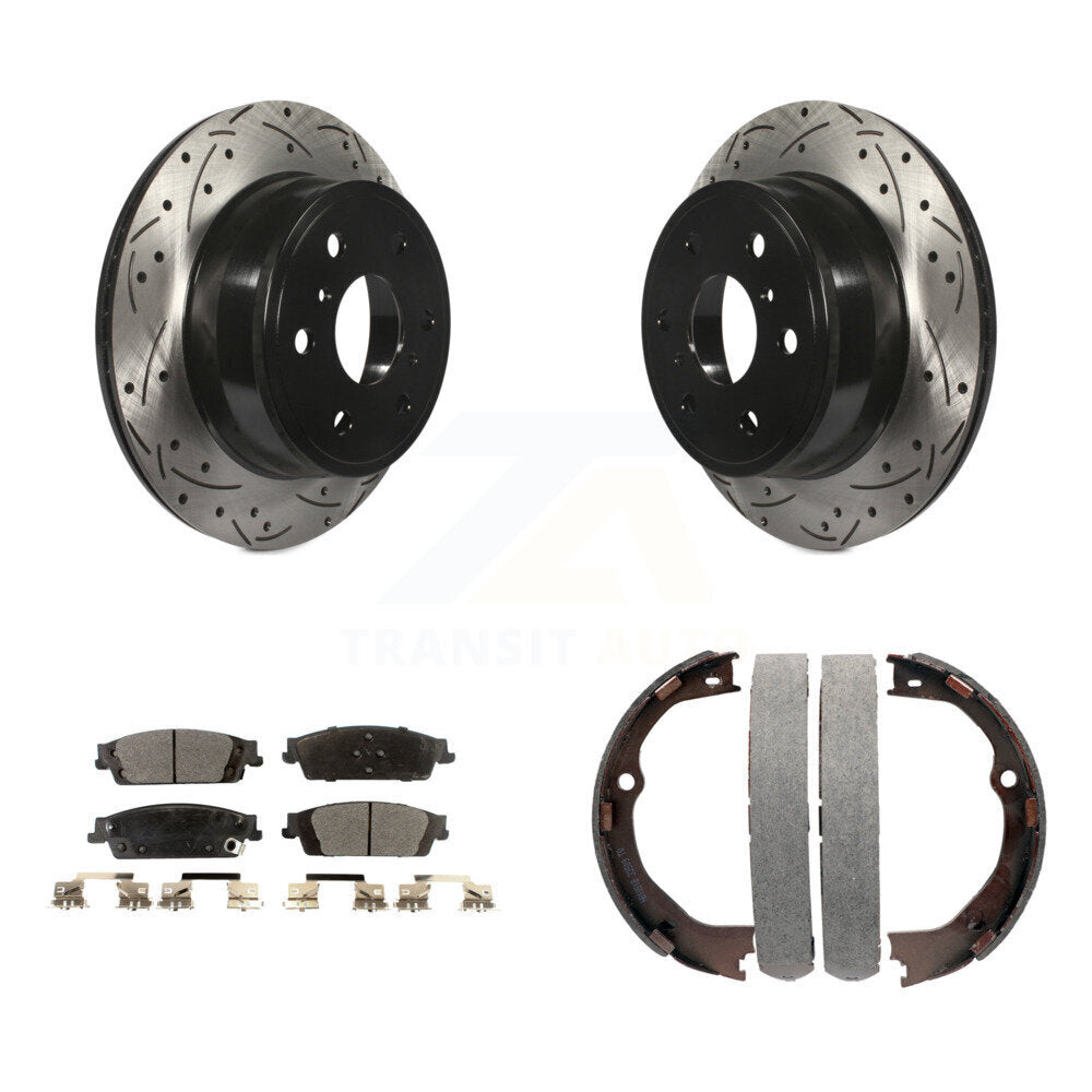 Rear Disc Drilled & Slotted Rotors Semi-Metallic Pads Parking Shoes Kit For GMC Chevrolet KDF-101538