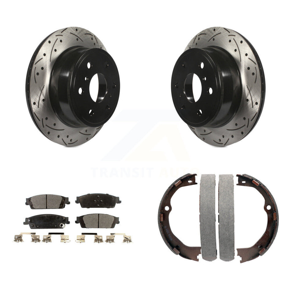 Rear Disc Drilled & Slotted Rotors Semi-Metallic Pads Parking Shoes Kit For GMC Chevrolet KDF-101538