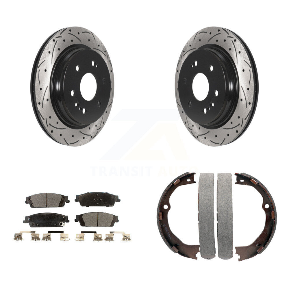 Rear Disc Drilled & Slotted Rotors Semi-Metallic Pads Parking Shoes Kit For Chevrolet LD KDF-101540