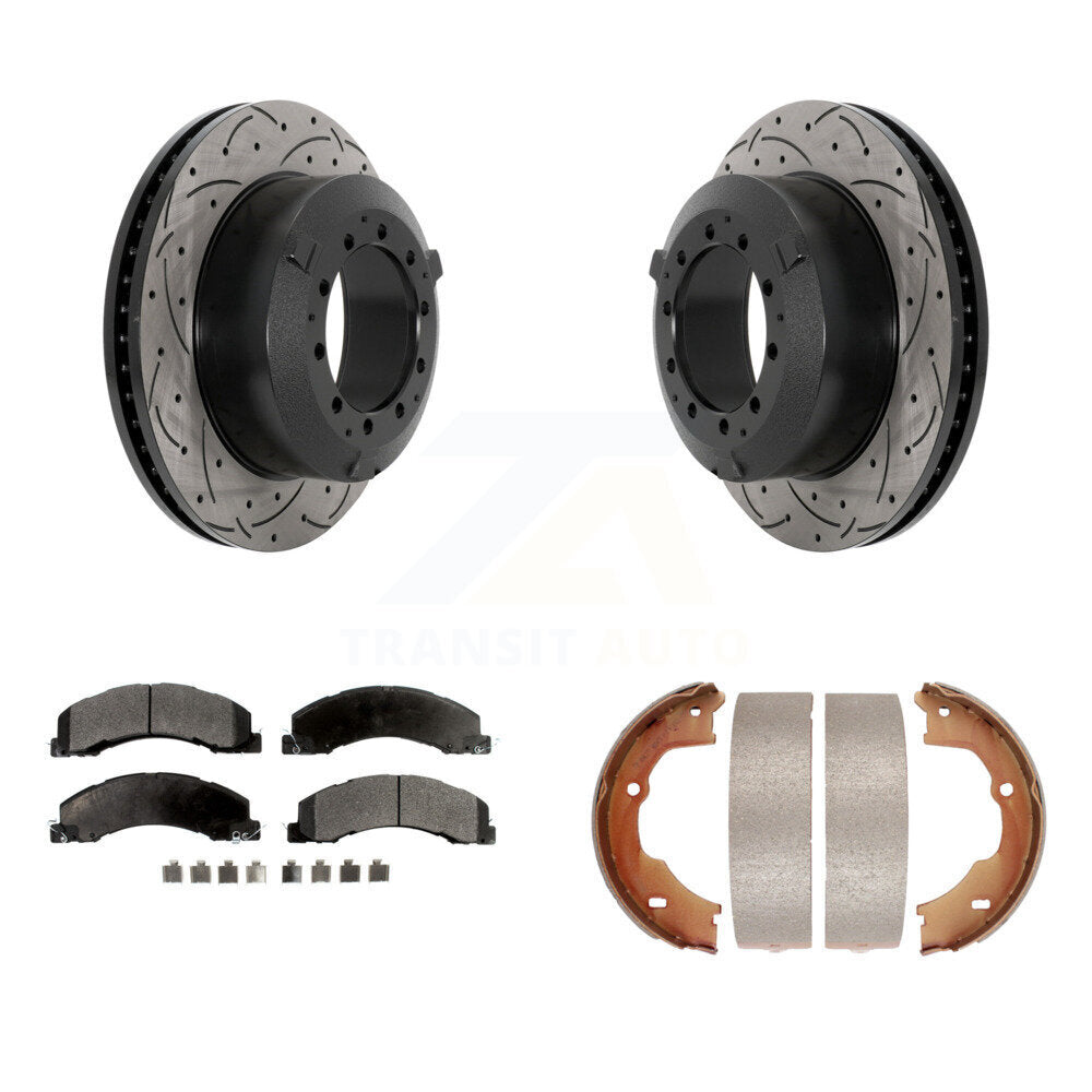 Rear Disc Drilled & Slotted Rotors Semi-Metallic Pads Parking Shoes Kit For Ram Dodge 45 KDF-101541