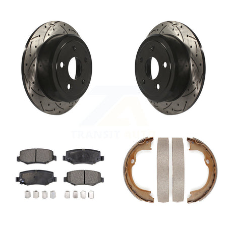 Rear Disc Drilled & Slotted Rotors Semi-Metallic Pads Parking Shoes Kit For Jeep Wrangler KDF-101544