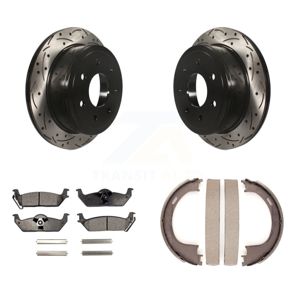 Rear Disc Drilled & Slotted Rotors Semi-Metallic Pads Parking Shoes Kit For Ford F-150 LT KDF-101546