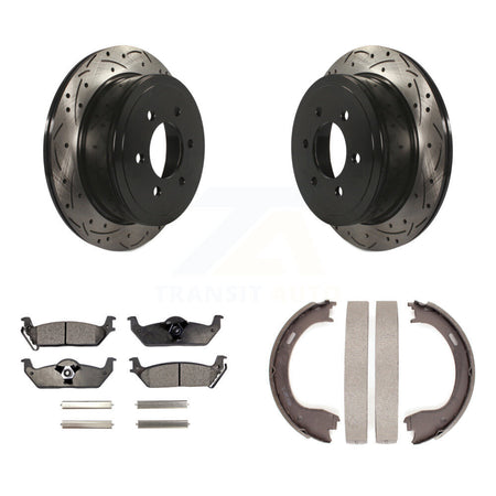 Rear Disc Drilled & Slotted Rotors Semi-Metallic Pads Parking Shoes Kit For Ford F-150 KDF-101547
