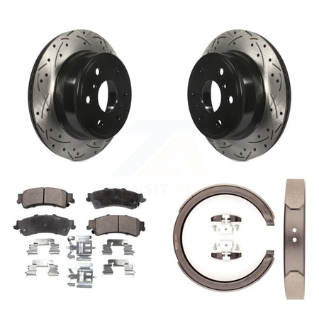 Rear Disc Drilled & Slotted Rotors Semi-Metallic Pads And Parking Brake Shoes Kit For KDF-101549