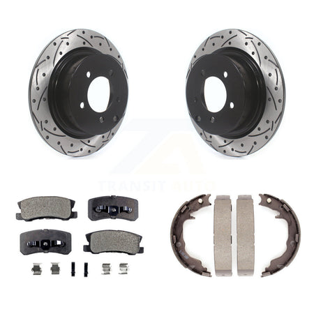 Rear Disc Drilled & Slotted Rotors Semi-Metallic Pads Parking Shoes Kit For Jeep Patriot KDF-101551